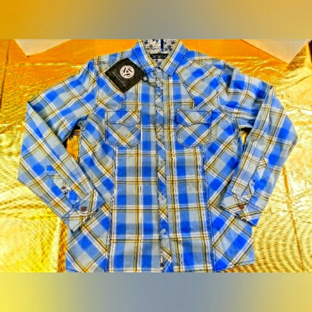 John Lennon & Paul McCartney Size L Blue Yellow Plaid Long Sleeve Shirt Rare NWT